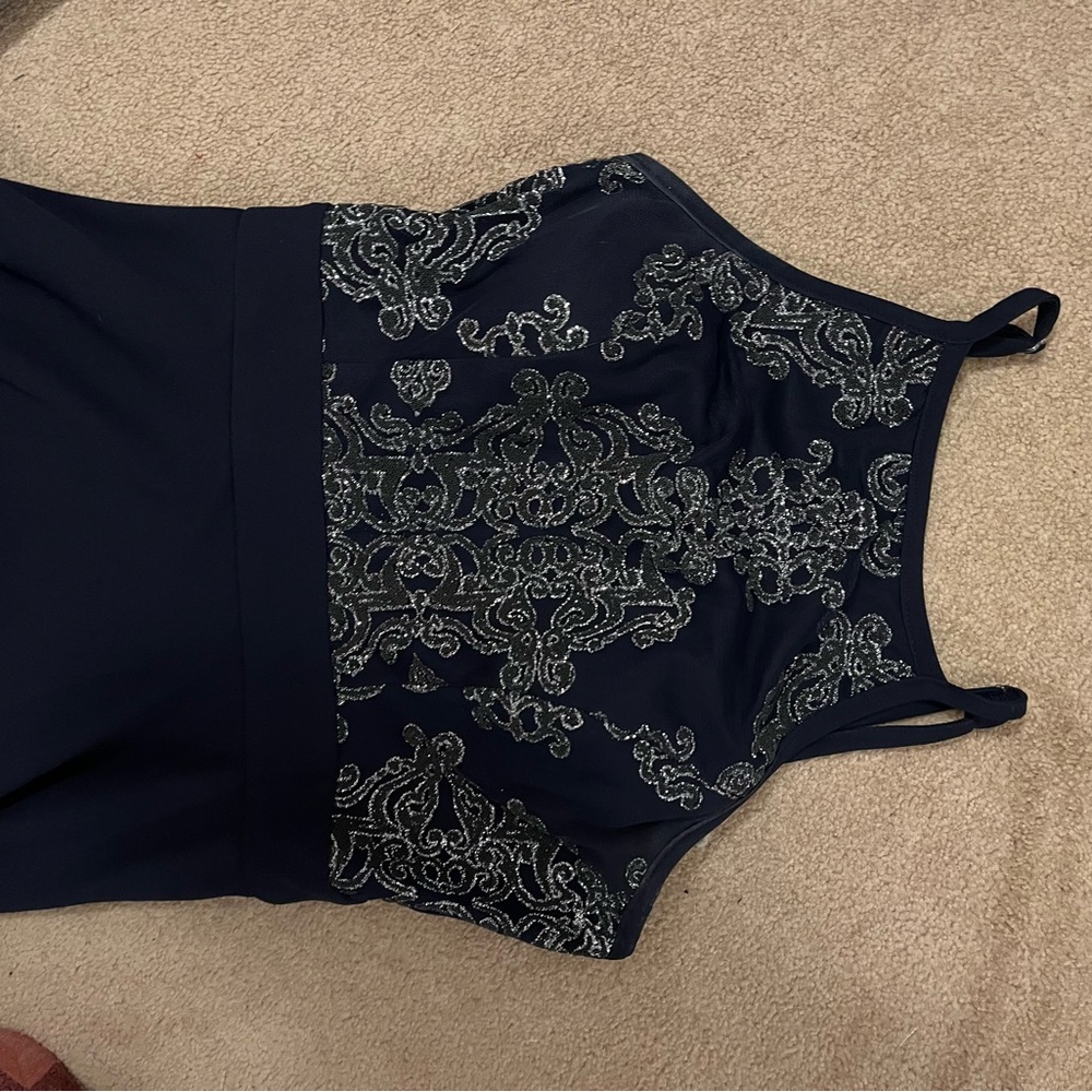 Elegant Navy Dress with Silver Embroidery